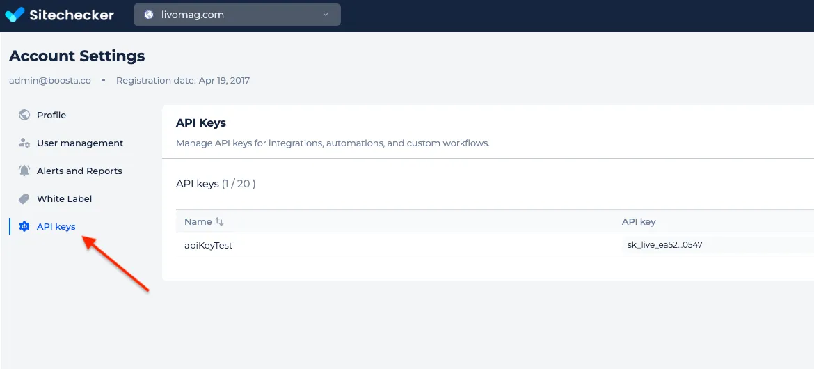 API keys tab of the Sitechecker Account Settings, listing one key of the twenty available