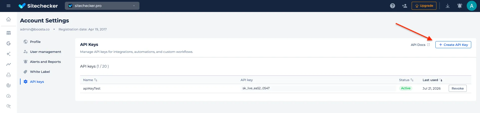 Create API Key button on the Sitechecker API keys page