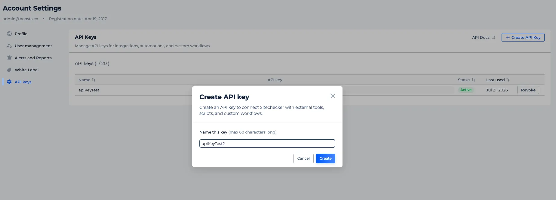 Create API key dialog in Sitechecker with the key name field filled in