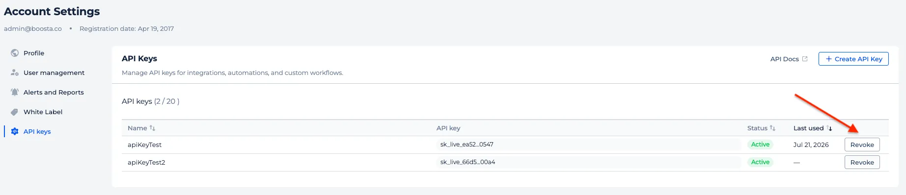 Revoke button next to an API key in the Sitechecker API keys list